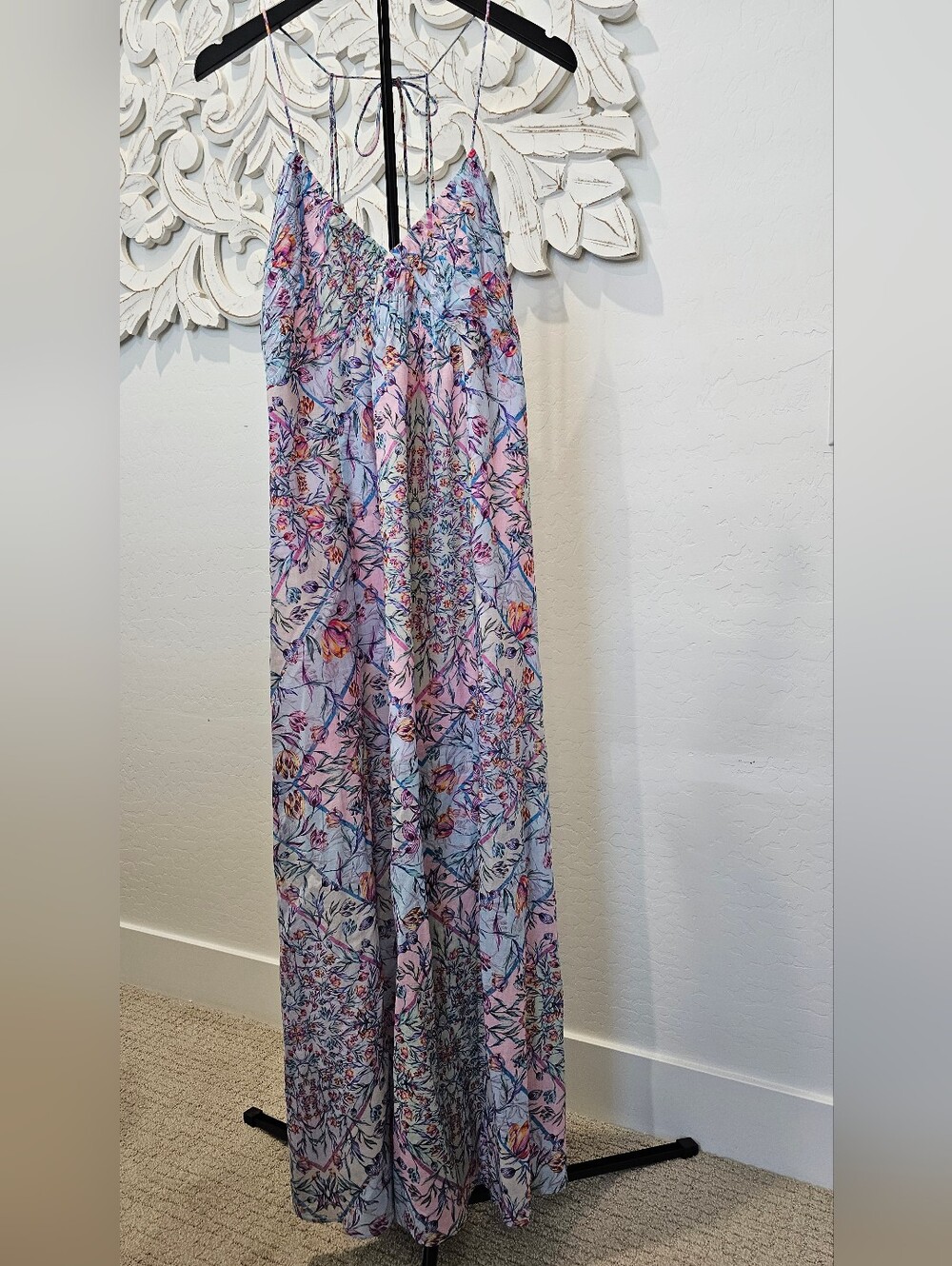Steve Madden Lavender & Pink Floral Boho Lined Maxi Dress Thigh Slit Womens 6-8 - Picture 2 of 10